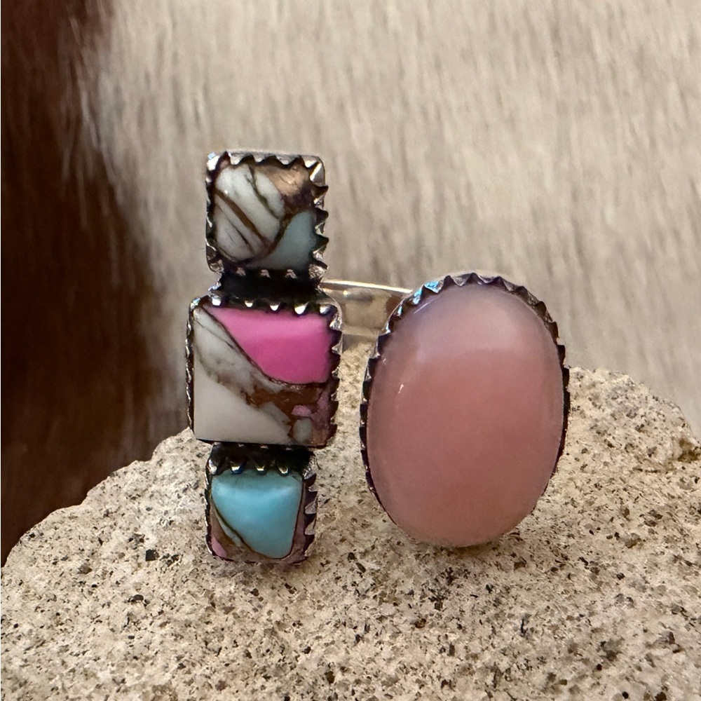 ❤️ Cotton Candy Turquoise & Peruvian Pink Opal Sterling 925 Navajo By-Pass Ring